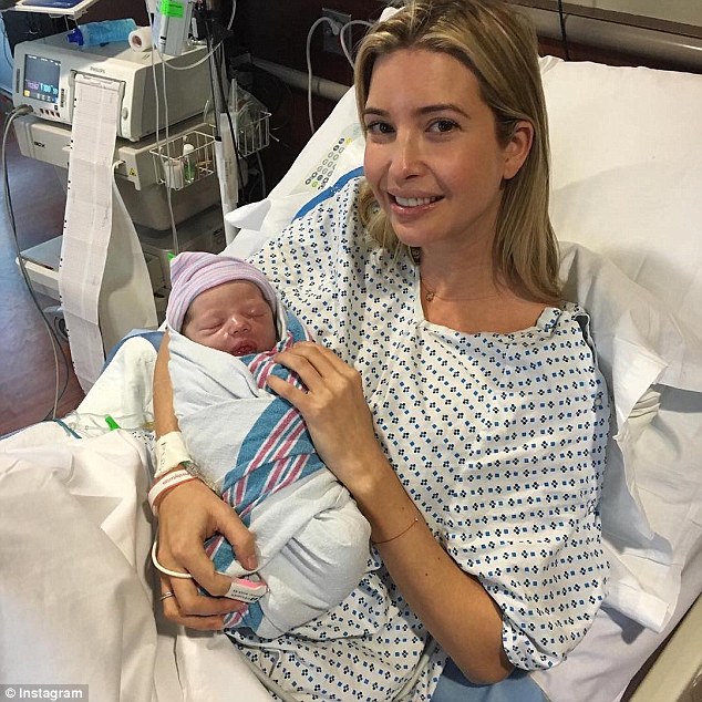 Easter baby: Pictured here is a glowing Ivanka Trump with her newborn son Theodore James just after she gave birth on Sunday evening