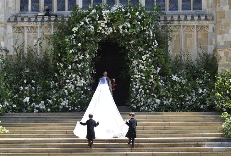 Meghan Markle and her bridal party arrive for the the wedding ceremony of Prince Harry and Meghan Markle at St. George's Chapel in Windsor Castle in Windsor, near London, England, Saturday, May 19, 2018. (Ben Birchhall/pool photo via AP)
