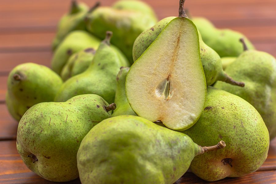 Bio Sweet Fresh Pears From The Farm. Healthy Organic Pears On Wooden Rustic Background. Healthy Food