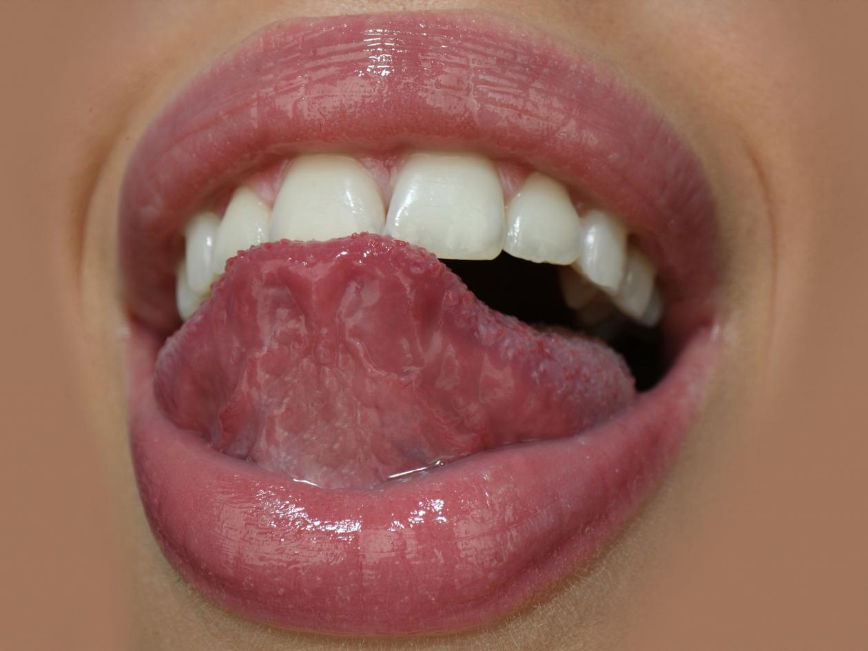 Art Red Lips. Sexy Womans Open Mouth, Licking, Tongue Sticking Out.