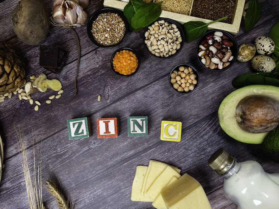 Text Zinc, Ingredients Or Products Containing Zinc And Dietary Fiber On Wooden Board, Natural Source