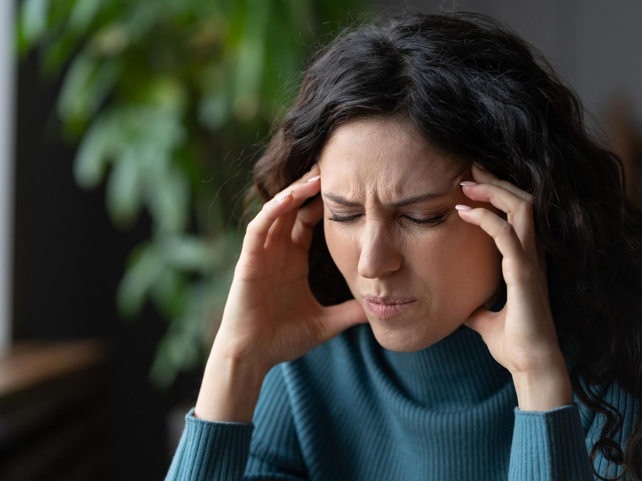 Tired Stressed Businesswoman Suffer From Strong Headache Touch Temples Exhausted From Overtime Work