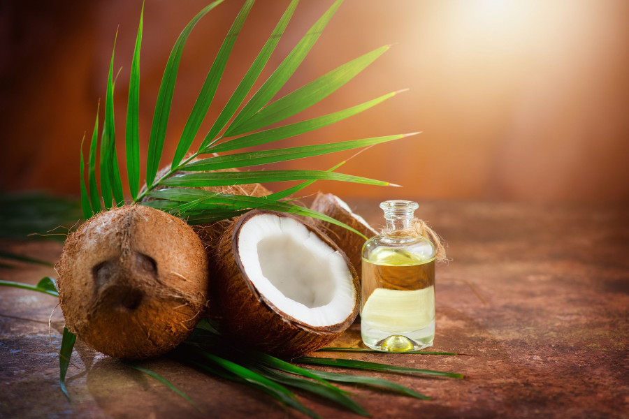 Coconut palm oil in a bottle with coconuts and green palm tree leaf on brown background. Coco nut cl